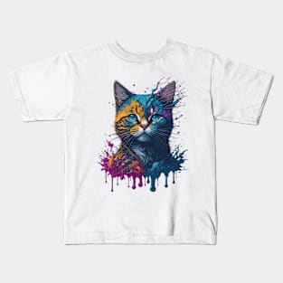 Colorful Cat Splash Art Kids T-Shirt